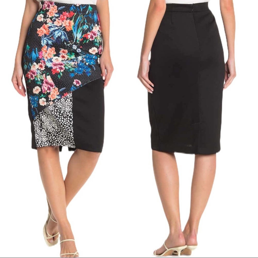 Nicole Miller Black Floral Patchwork Pencil Skirt